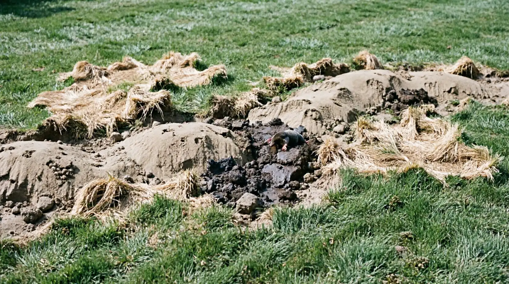 Поврежденный кротами участок - разрушенный дерн и норы в Балабаново